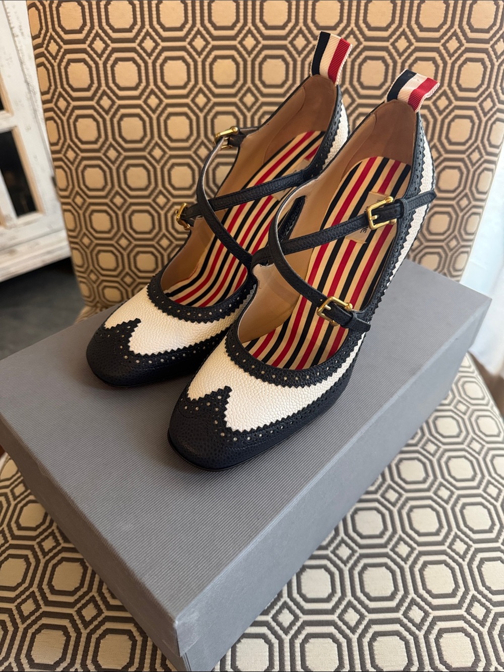 Thom Browne Navy and White Brogue Wingtip Heels.